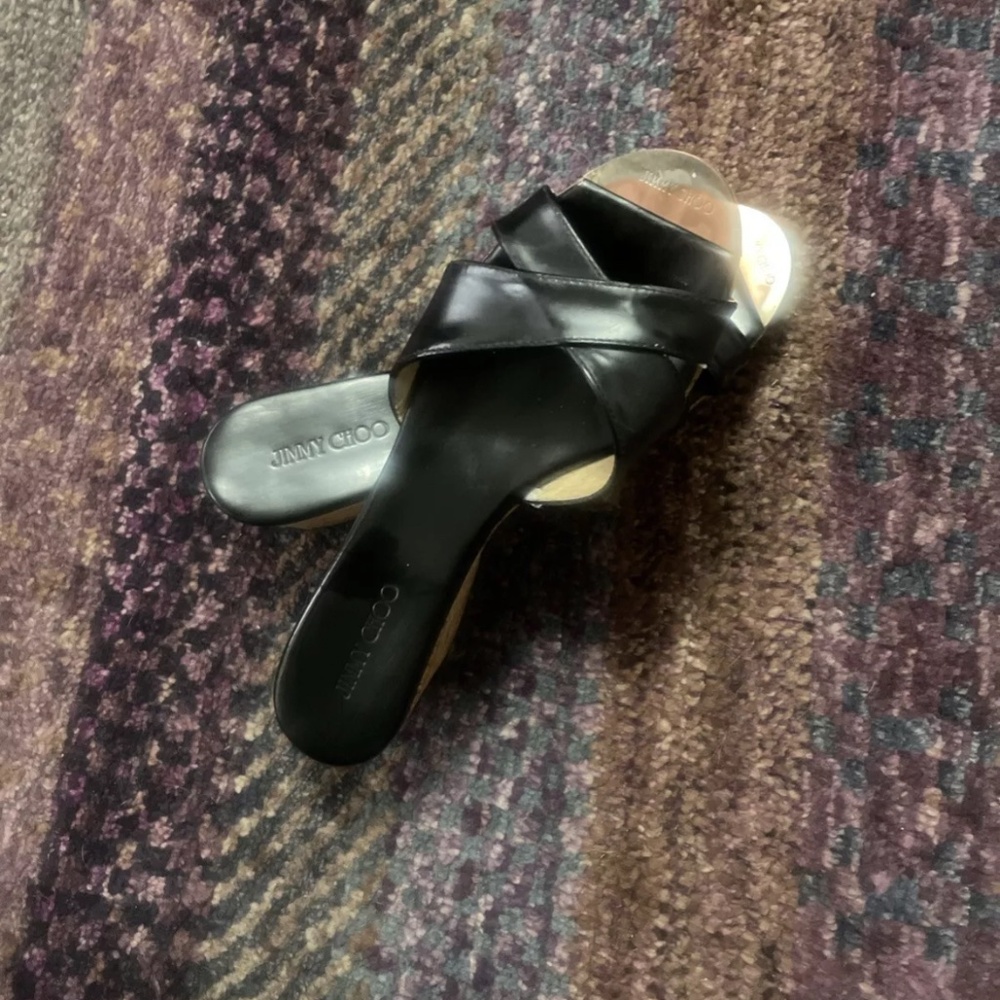 Jimmy Choo Black Leather Crisscross Slide Sandals with Gold Toe Accent